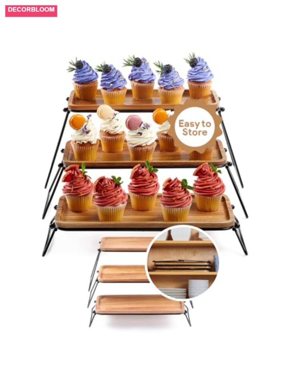 3 Tier Acacia Wood Serving Tray Metal Stands Foldable Tiered Platter